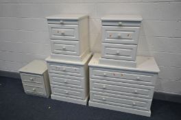 A CREAM PIECE BEDROOM SUITE, comprising two chest of three drawers, largest at width 92cm x depth