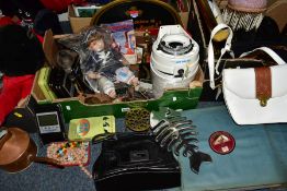 THREE BOXES OF SUNDRY ITEMS ETC, to include two Jaeger electric car clocks, spare clock bezel,