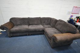 A LARGE BROWN SUEDE AND UPHOLSTERED FOUR SECTION CORNER SOFA, length 328cm x depth 230cm x height