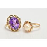 A 9CT GOLD AMETHYST RING AND A CULTURED PEARL RING, the first designed with a four claw set, oval