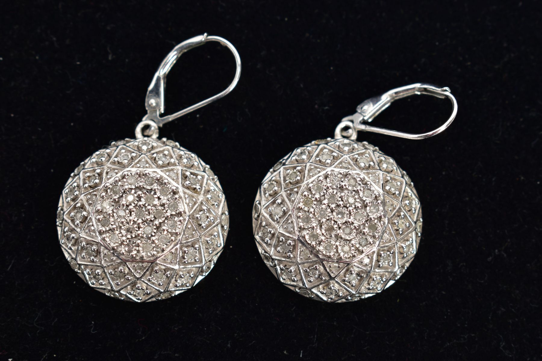 A PAIR OF WHITE METAL DIAMOND ENCRUSTED DROP EARRINGS, each of a circular domed design encrusted - Image 2 of 3