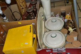 THREE BOXES OF CERAMICS, LAMPS AND SUNDRY ITEMS, to include a Royal Doulton Mr Toadflax DBH10, a