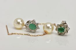 A PAIR OF PEARL EARRINGS AND A PAIR OF EMERALD EARRINGS, a pair of pearl drop earrings,