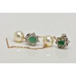 A PAIR OF PEARL EARRINGS AND A PAIR OF EMERALD EARRINGS, a pair of pearl drop earrings,