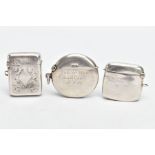 THREE SILVER VESTA CASES, the first of a circular design, personal engraving to the front reads 'Tug