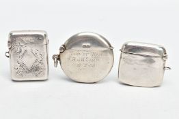 THREE SILVER VESTA CASES, the first of a circular design, personal engraving to the front reads 'Tug