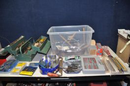 A METAL TOOLBOX AND A PLASTIC BOX CONTAINING TOOLS including a Leatherman multitool in leather case,