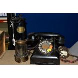 A MINERS SAFETY LAMP AND BAKELITE ROTARY TELEPHONE, comprising a Paterson Lamps Ltd GPO miners