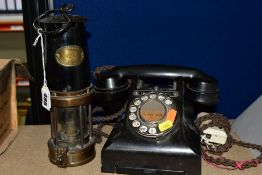 A MINERS SAFETY LAMP AND BAKELITE ROTARY TELEPHONE, comprising a Paterson Lamps Ltd GPO miners