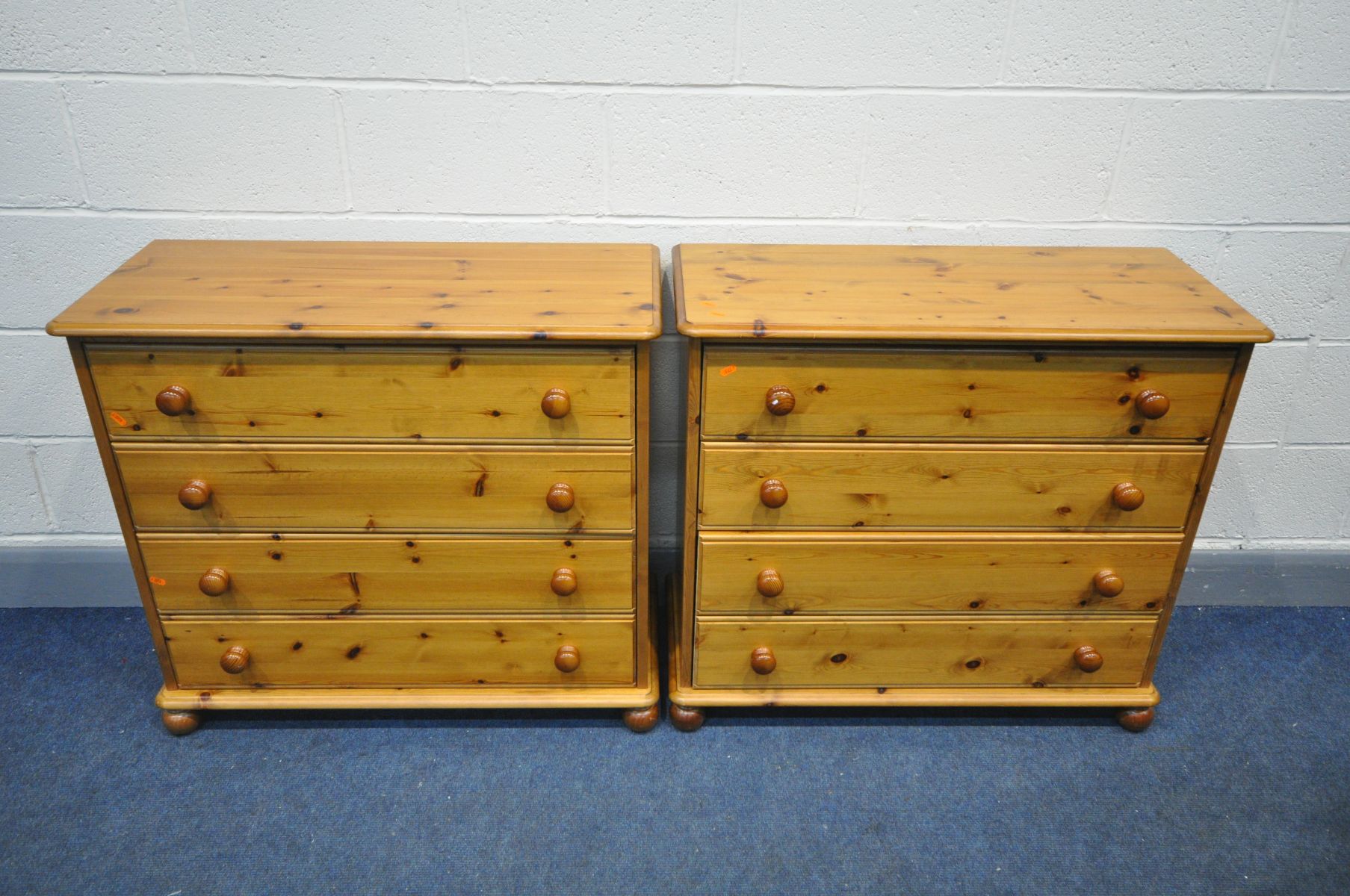 TWO MODERN PINE CHEST OF FOUR DRAWERS, width 90cm x depth 40cm x height 82cm