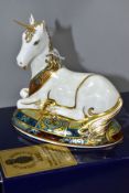 A BOXED ROYAL CROWN DERBY LIMITED EDITION UNICORN PAPERWEIGHT, No 387/2000, to celebrate the new