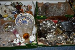 FOUR BOXES AND LOOSE METALWARES, GLASSWARE AND CERAMICS, including a plastic sunburst quartz clock