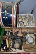 TWO BOXES AND LOOSE VINTAGE TELEPHONES, DRUM, CIGARETTE CARDS ETC, to include a TR Services, mid