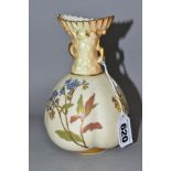 A ROYAL WORCESTER BLUSH IVORY LOBED BODY VASE, the neck rising to an oval frilled rim, floral and