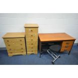 A PINE EFFECT CHEST OF FOUR DRAWERS, and a matching tall chest of six drawers, a beech 5ft