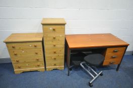 A PINE EFFECT CHEST OF FOUR DRAWERS, and a matching tall chest of six drawers, a beech 5ft