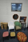 A SELECTION OF OCCASIONAL FURNITURE, to include a stained beech bar stool, two Lloyd loom style