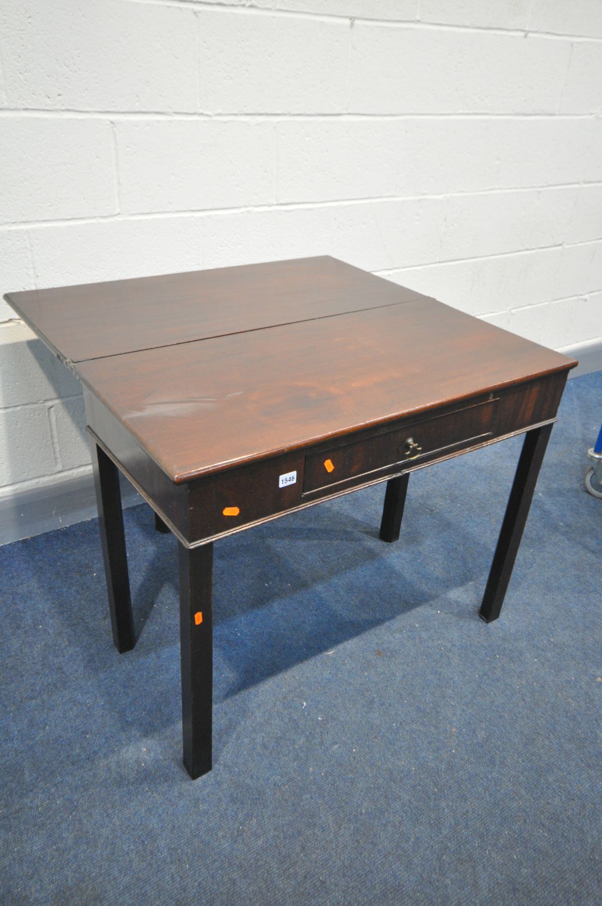 A GEORGIAN MAHOGANY TEA TABLE, the fold over top with a single frieze drawer, on square legs, - Image 3 of 3