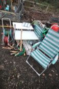 A SELECTION OF GARDEN MISCELLANEOUS, to include two folding tables, two folding deck chairs, two