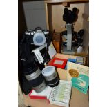A MICROSCOPE, SLIDES AND CAMERA, to include a Russian Lomo Biolam microscope in wooden case, with