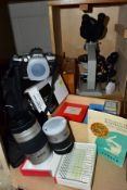 A MICROSCOPE, SLIDES AND CAMERA, to include a Russian Lomo Biolam microscope in wooden case, with