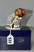 A BOXED ROYAL CROWN DERBY DERBY RAM PAPERWEIGHT, exclusively available from the Royal Crown Derby