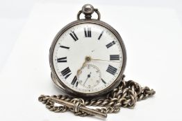 A SILVER PAIR CASED POCKET WATCH, featuring a round white dial and black Roman numerals,