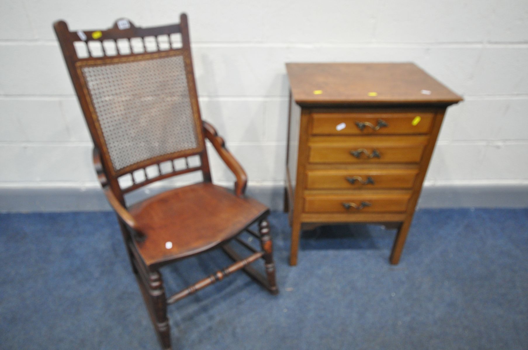 AN EARLY 20TH CENTURY MAHOGANY ROCKING CHAIR, with a bergère back, and an Edwardian walnut four