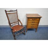 AN EARLY 20TH CENTURY MAHOGANY ROCKING CHAIR, with a bergère back, and an Edwardian walnut four