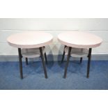 A PAIR OF 1950'S PINK FORMICA PUB TALBE ON TUBULAR LEGS, diameter 61cm x height 60cm