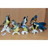 SIX KARL ENS PORCELAIN BIRD FIGURES, to include single birds perched on branches, a pair of