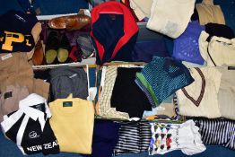 FIVE BOXES OF MEN'S CLOTHING AND SHOES, clothing to include knitwear, shirts, t-shirts, jackets,