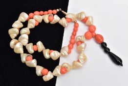 A SHELL CHOKER NECKLACE, designed with shells interspaced by orange glass spherical beads and a