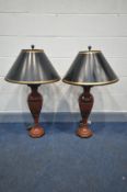 A PAIR OF TALL RED LAQUERED ORIENTAL STANDARD LAMPS, with chinoiserie decoration and ebonised