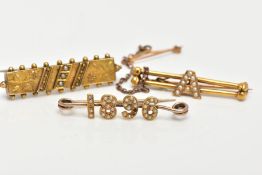 THREE VICTORIAN GOLD BROOCHES, one rectangular brooch set with three seed pearls, floral detailing