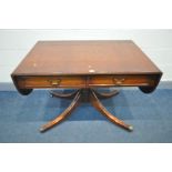 A REPRODUCTION MAHOGANY PEDESTAL SOFA TABLE with two frieze drawers, open length 168cm x closed