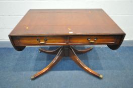 A REPRODUCTION MAHOGANY PEDESTAL SOFA TABLE with two frieze drawers, open length 168cm x closed