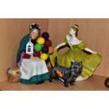 TWO ROYAL DOULTON LADY FIGURES AND A ROYAL DOULTON DOG, comprising 'The Old Balloon Seller'