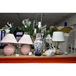 A GROUP OF TABLE LAMPS, LAMPSHADES AND VASES, to include six late 20th century/contemporary table