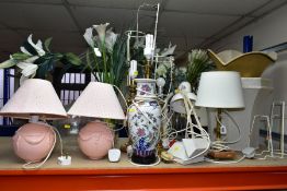 A GROUP OF TABLE LAMPS, LAMPSHADES AND VASES, to include six late 20th century/contemporary table