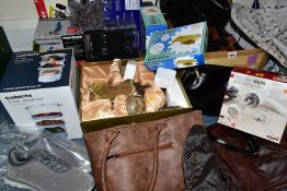 TWO BOXES AND LOOSE HOUSEHOLD GOODS, HANDBAGS, ETC, including a cookie gun, a three tier steamer,