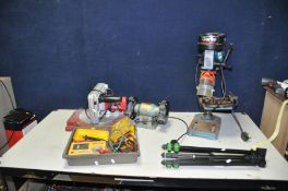 A CLARKE METALWORKER PILLAR DRILL height 60cm, a NuTool bench grinder, a Power Devil mitre saw, a