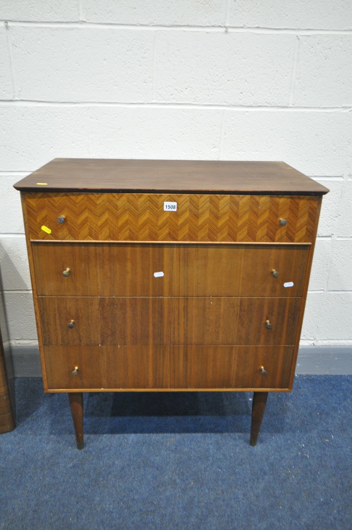 A UNIFLEX MID-CENTURY TEAK CHEST OF FOUR LONG DRAWERS, the top drawer with Herringbone parquetry - Image 2 of 3