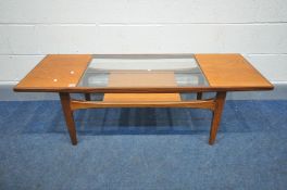 A G PLAN FRESCO TEAK COFFEE TABLE, with a glass insert, length 137cm x depth 51cm x height 43cm