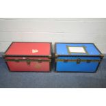TWO VINTAGE TRAVELLING TRUNKS, in red and blue, width 80cm x depth 46cm x height 42cm