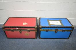 TWO VINTAGE TRAVELLING TRUNKS, in red and blue, width 80cm x depth 46cm x height 42cm