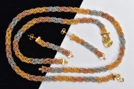 A TRI-COLOUR JEWELLERY SUITE, to include a tri-colour plaited bead necklace of alternating yellow,
