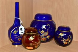 CARLTON WARE PHEASANT PATTERN CERAMICS, comprising a 14cm ginger jar with cover in a blue colourway,