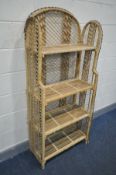 A WICKER FOLDING FOUR TIER OPEN BOOKCASE, width 75cm x depth 35cm x height 166cm