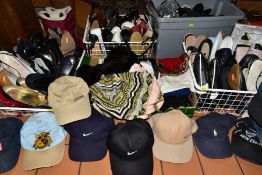 FIVE BOXES AND LOOSE LADIES SHOES, BOOTS, BELTS, HATS AND SCARVES, to include more than thirty pairs